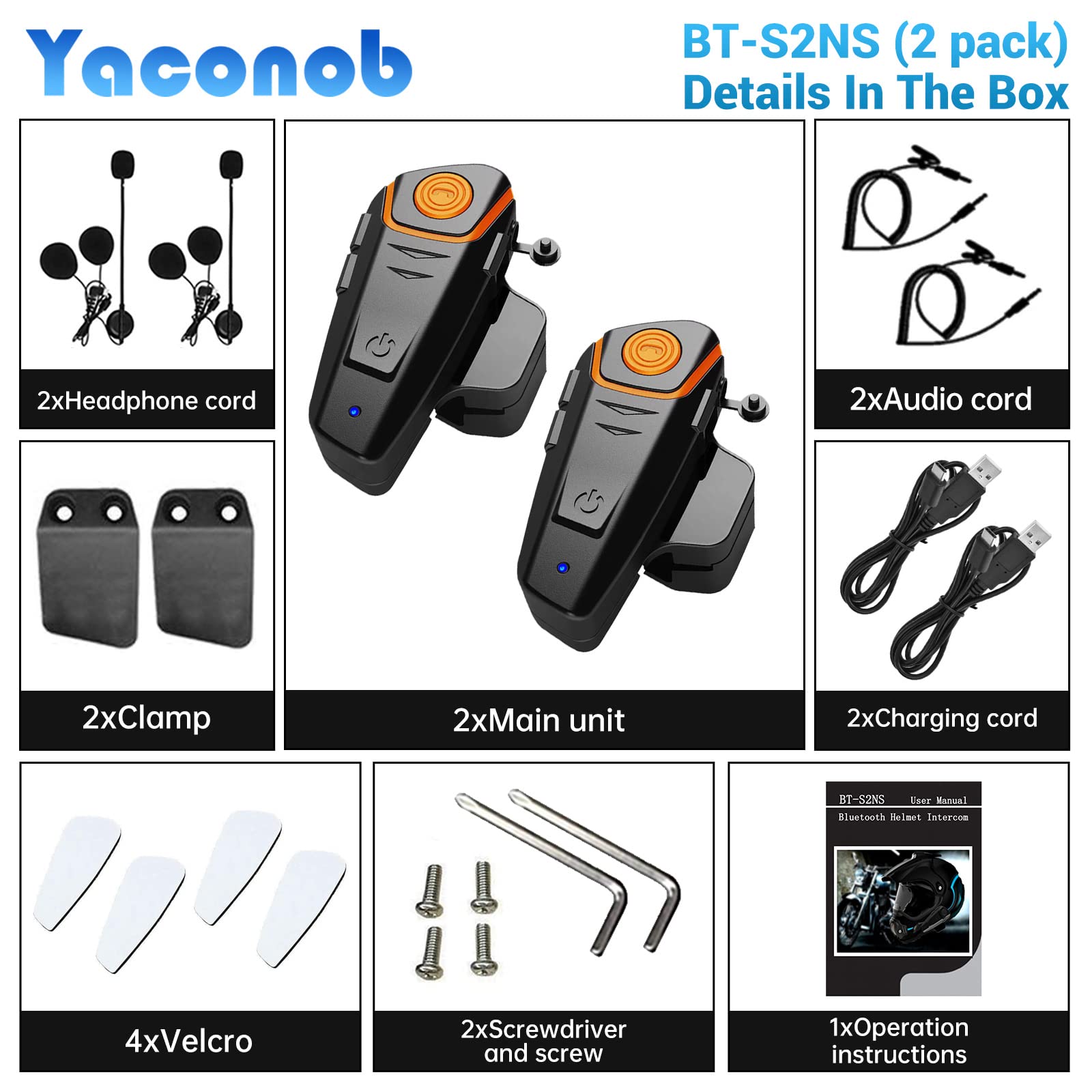 Yaconob BTS2NS Motorcycle Bluetooth Snowmobile Helmet Bluetooth Headset, 1000m Helmet