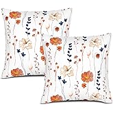 Waiyear Orange Floral Pillow Covers 18"x18", Navy Blue and Orange Flower Decorative Throw Pillow Cases Set of 2, Boho Pillowcases for Couch Bed Sofa Cushion Living Room