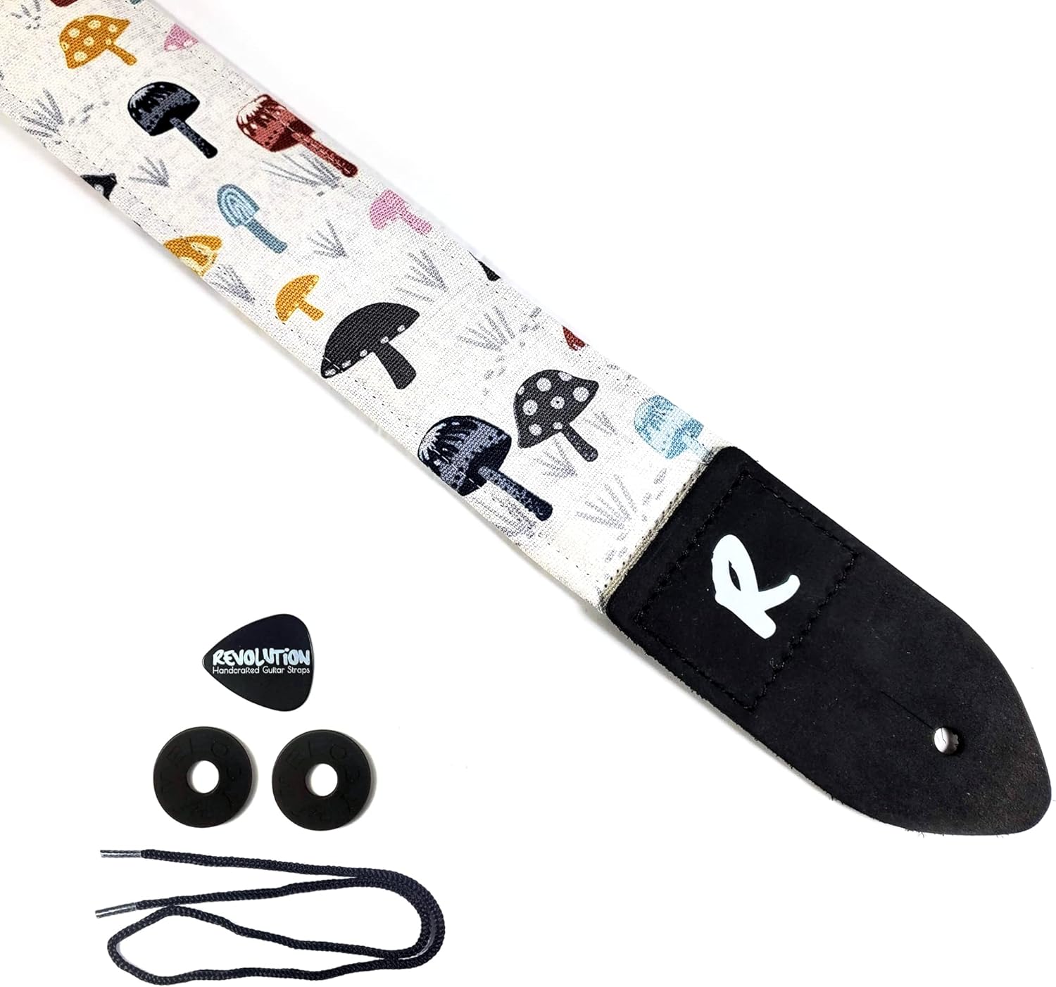 Mixed Media - Colorful Mushroom Guitar Strap - Genuine Leather Ends, Includes 2 Strap Locks & 1 Pick. Adjustable Strap, Pick Pocket, For Bass, Electric & Acoustic Guitars Gift for Guitar Players Men, Women & Kids