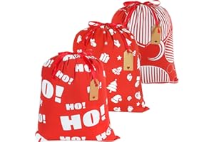GINOYA Cotton Christmas Gift Bags, 3pcs Reusable Santa Sacks Cloth Pouches with Drawstring for Xmas Presents Party Favor
