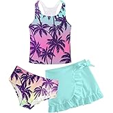 Cutemile Girls Swimsuit 3 Piece Bathing Suit Quick Dry Tankini Set with Cover Up Beach Skirt Bikini Swimwear 6-12 Years