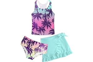 Cutemile Girls Swimsuit 3 Piece Bathing Suit Quick Dry Tankini Set with Cover Up Beach Skirt Bikini Swimwear 6-12 Years