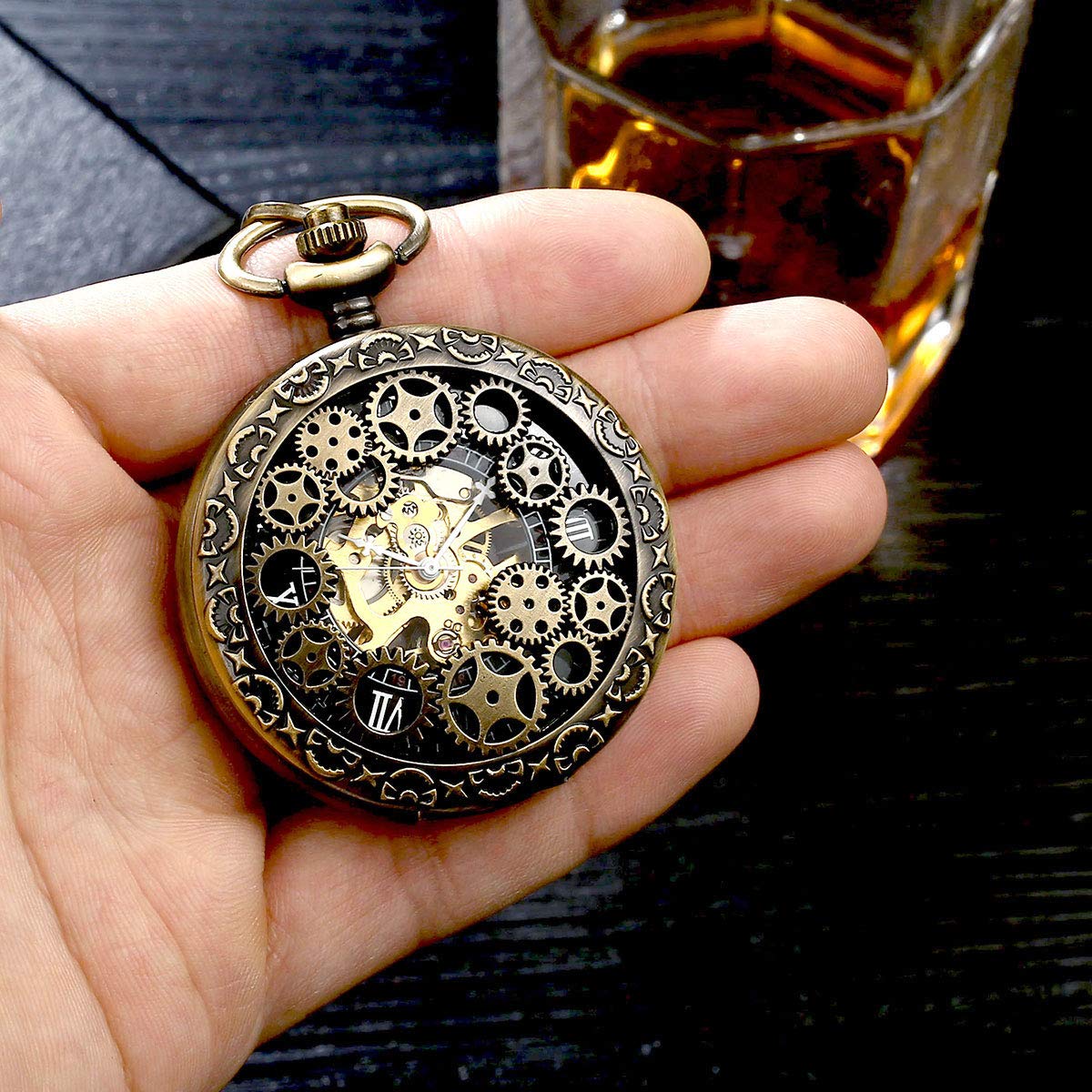 BOSHIYA Vintage Mechanical Pocket Watches for Men Luminous Steampunk Pocket Watch with Chain Black Skeleton Dial Roman Numberals Pocketwatch Gifts for Fathers Day
