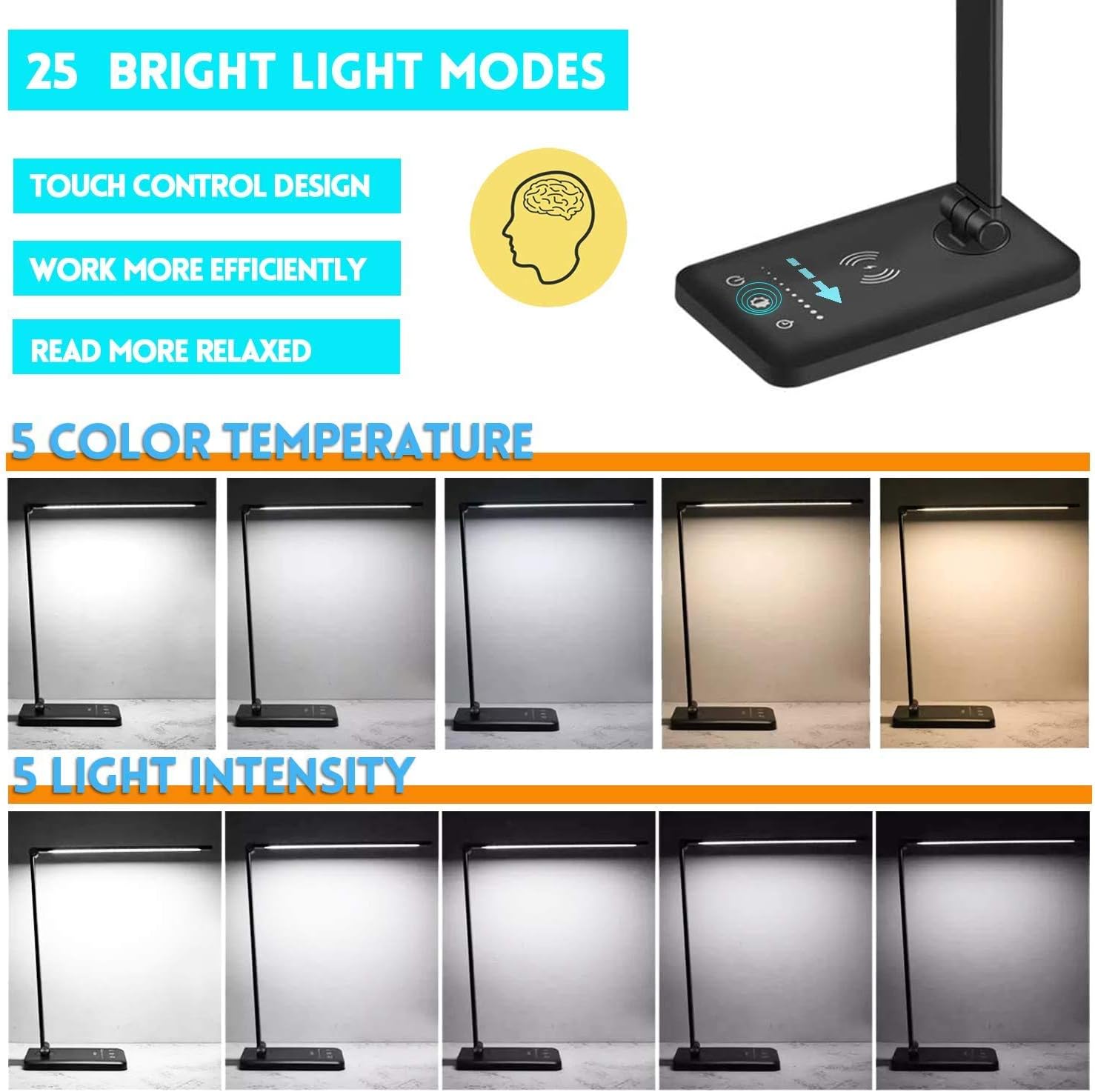 BIENSER LED Desk Lamp with Wireless Charging, USB Charging Port, 10 Brightness Levels, 5 Lighting Modes - Image 4