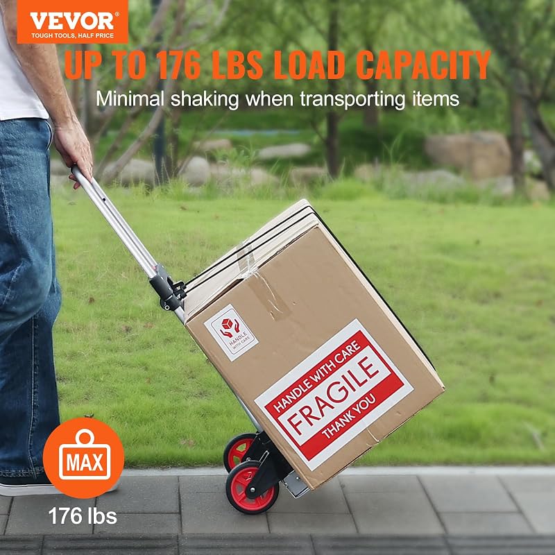 Diable pliable, 79,8 kg de charge, chariot portable en aluminium, diable convertible et chariot avec poignée télescopique et roues en caoutchouc, ultra léger et très résistant