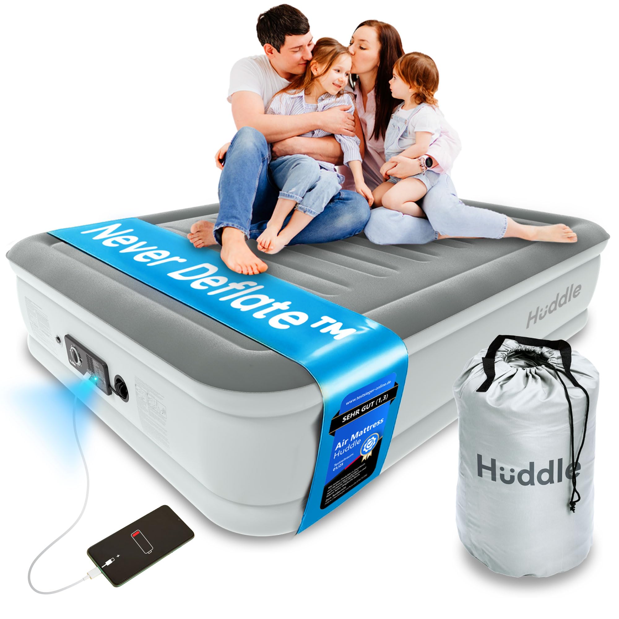 Huddle Never Deflate™ Luftbett 2 Personen 150 x 200 x 46 cm, selbstaufblasende Luftmatratze mit Pumpe, perfekte Gästematratze & Campingmatratze, USB-C-Port & Nachtlicht