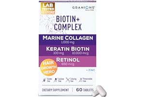 GRANIONS Biotin Collagen Keratin Supplement Hair Growth Tablets – Biotin 10000mcg, Marine Collagen Peptides, Keratin, Retinol, Zinc, Vitamin B6 - Hair, Skin and Nails Complex for Women and Men – 60 Tablets