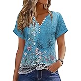 Soesdemo Short Sleeve Shirts for Women V Neck Button Down Floral Soft Boho Womens Blouses Casual Loose Fit Peasant Blouse