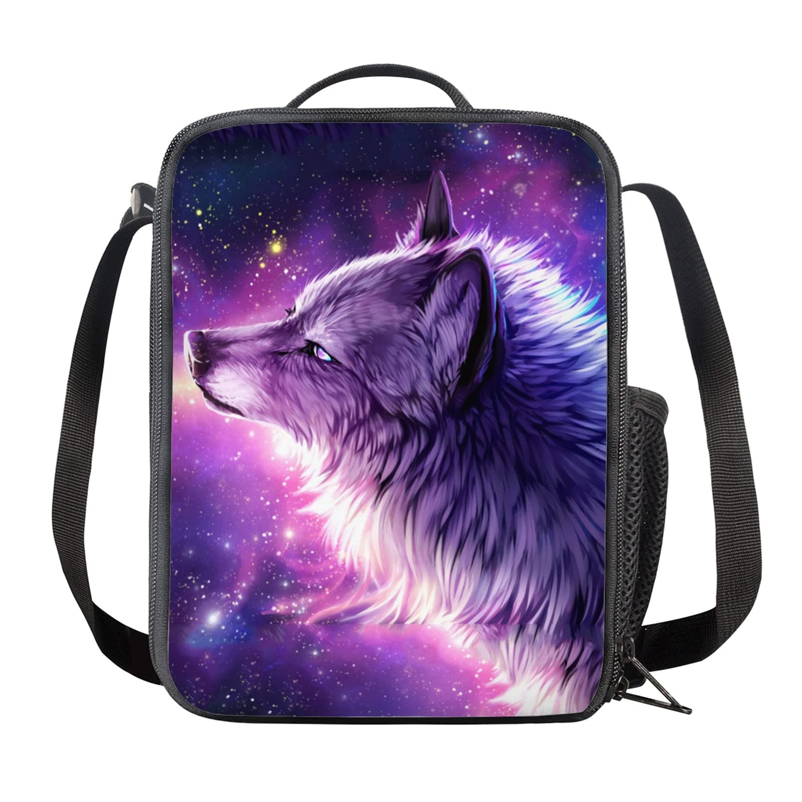 HELLHERO Galaxy Wolf Lunch Bag Insulated Lunch Box Meal Holder Lunchbags Picnic Organizer with Shoulder Strap for Kids Adults Women Office Work School