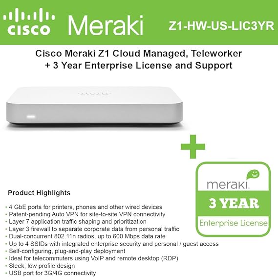 Meraki Z1 Cloud Managed Teleworker Gateway, (5) GbE Ports, Dual Radio
