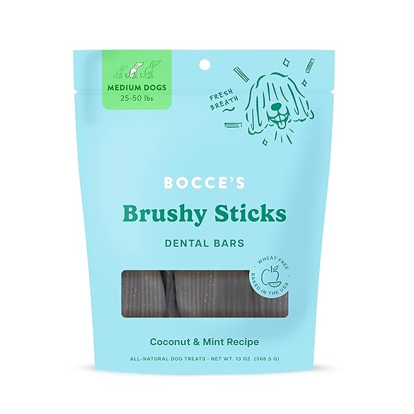 BOCCE’S BAKERY DAILIES BRUSHY STICKS TO SUPPORT ORAL HEALTH & FRESH BREATH, WHEAT-FREE DENTAL BARS FOR DOGS, MADE WITH REAL INGREDIENTS, BAKED IN THE USA, ALL-NATURAL COCONUT & MINT, MEDIUM DOGS