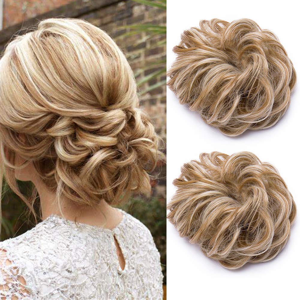 Synthetic Hair Bun Extensions 2Pieces Messy Hair Scrunchies Hair Pieces for Women Hair Donut Updo Ponytail -Honey Blond/Bleach Blond