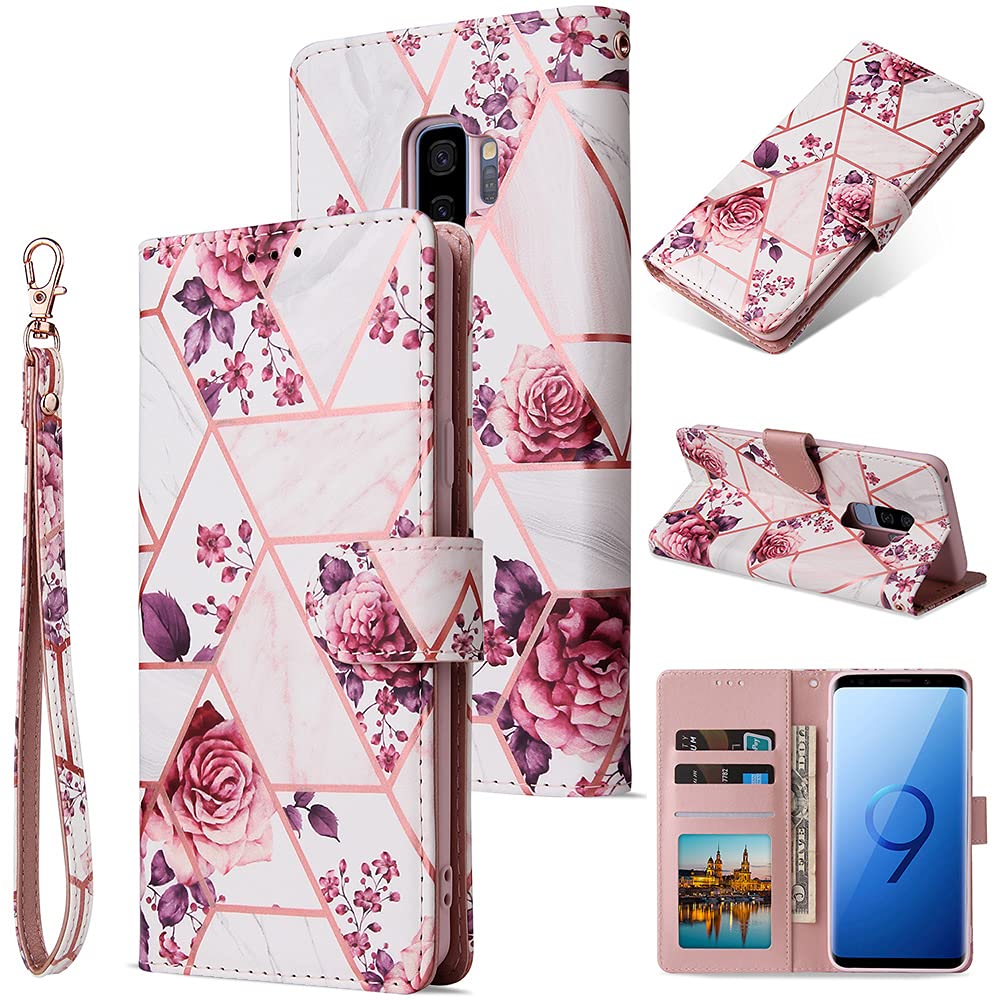 ROSEHUI for Samsung S9 Phone Case Premium Leather Geometric Marble Pattern Handbag Wallet Case Card Holder Magnetic Closure Kickstand Shockproof Flip Cover for Samsung Galaxy S9 Rose gold