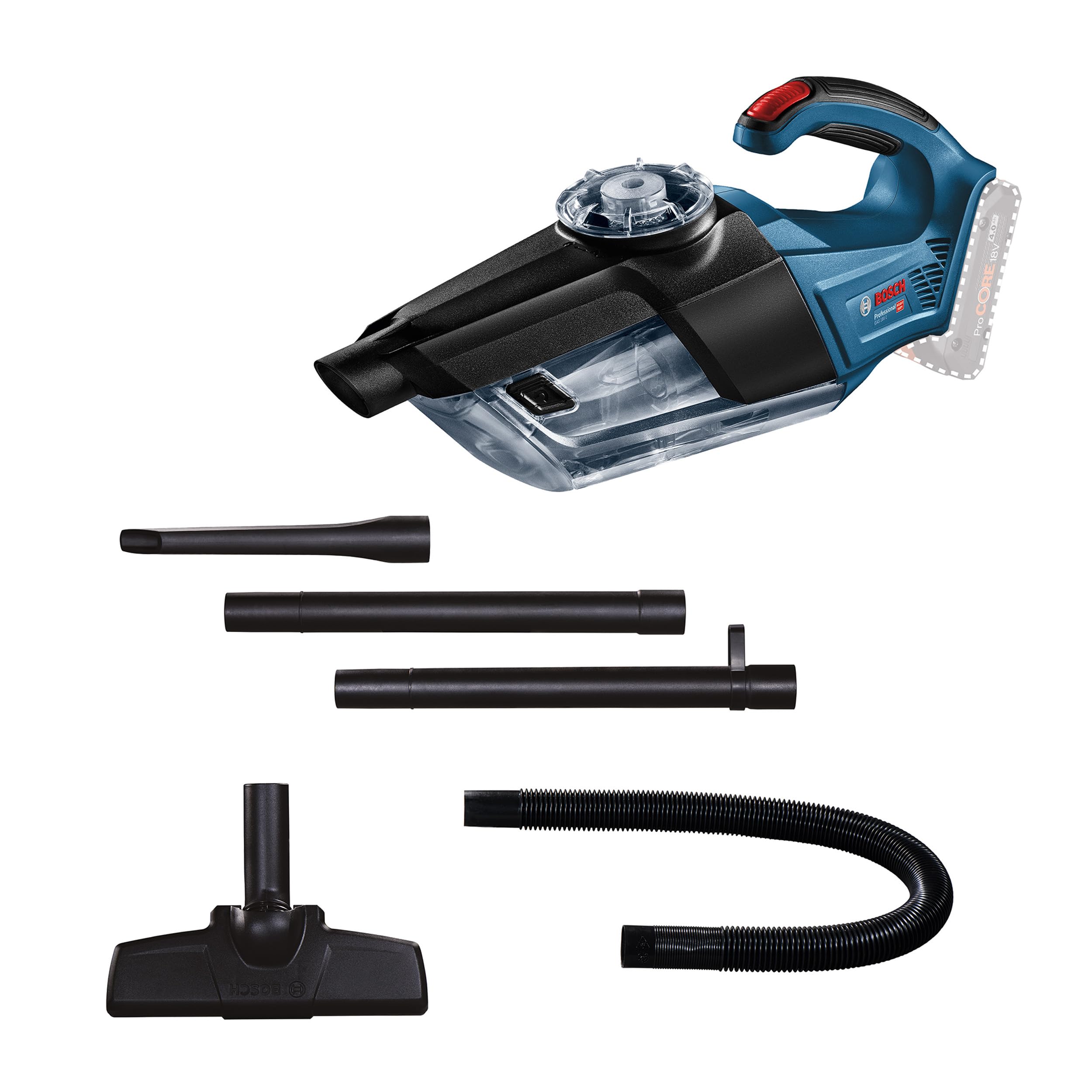 Bosch Professional 18V System Cordless Handheld Vacuum Cleaner GAS 18V-1 (incl. with suction pipe, crevice nozzle, carpet nozzle, 1 litre container volume, without battery/charger)