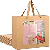 EUSOAR Clear Gift Bag with Window, 12pcs 12.5"x4.5"x11" Large Kraft Brown Transparent Paper Gift Bags Bulk, Bouquet Tote Gift Shopping Transparent Bags with Handles for Wedding Festival Bridal Party