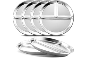 Bakpoco Stainless Steel Kids Plates Set of 6, 9" Portion Control Plates Divided Plate for Adults Toddlers Balance Lunch, Bariatric & Diabetic Diet, Non Toxic Camping Metal Snack Plate for Eating