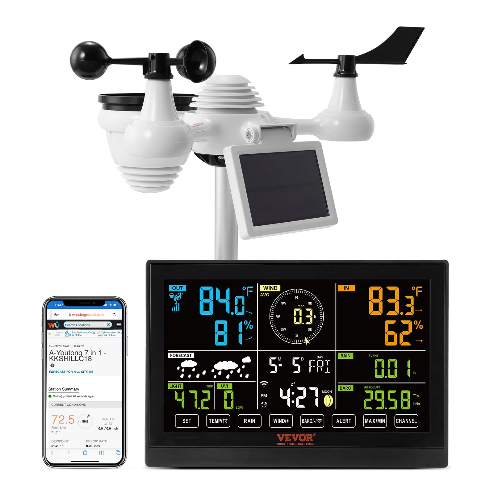 View 1 of **HAS 2 BROKEN PROPELLERS ** VEVOR YT60234 WiFi Weather Station 7-in-1, Weather Stations WiFi Indoor Outdoor, 7.5" Color Display for Weather Forecast, Temperature, Humidity, UV, Air Pressure, Wind Speed&Direction, Rain, Alarm