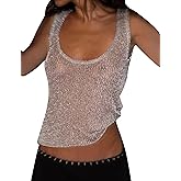AIHUKOCY Women Sexy Fishnet Knit Glittering Scoop Neck Crop Tank Going Out Top Sheer Mesh Solid Slim Cropped Vest Cami Tops
