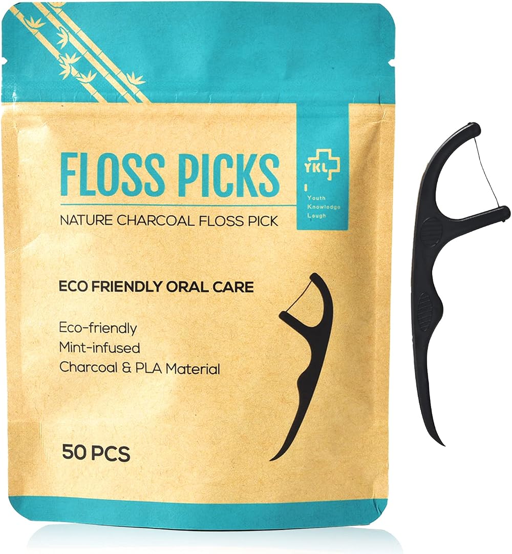 YKL Dental Floss Sticks Mint 50 Picks Eco Friendly Charcoal & Corn Starch