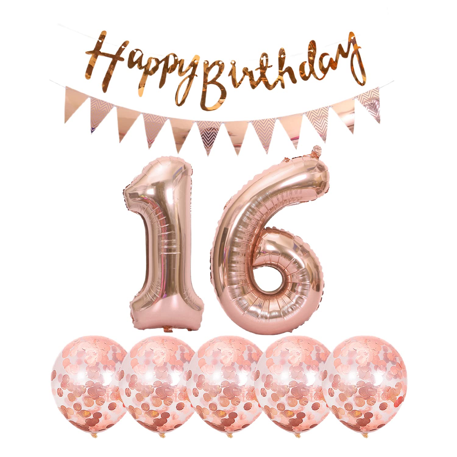 Photo 1 of 2 Balloons Number 16+ haappy Birthday Garland + Rose Gold Banner foil Balloon 16th Birthday Decoration+5 Confetti Balloons boy Girl 16 Year Birthday Decoration Number Balloon 16 Balloons 16 Birthday
