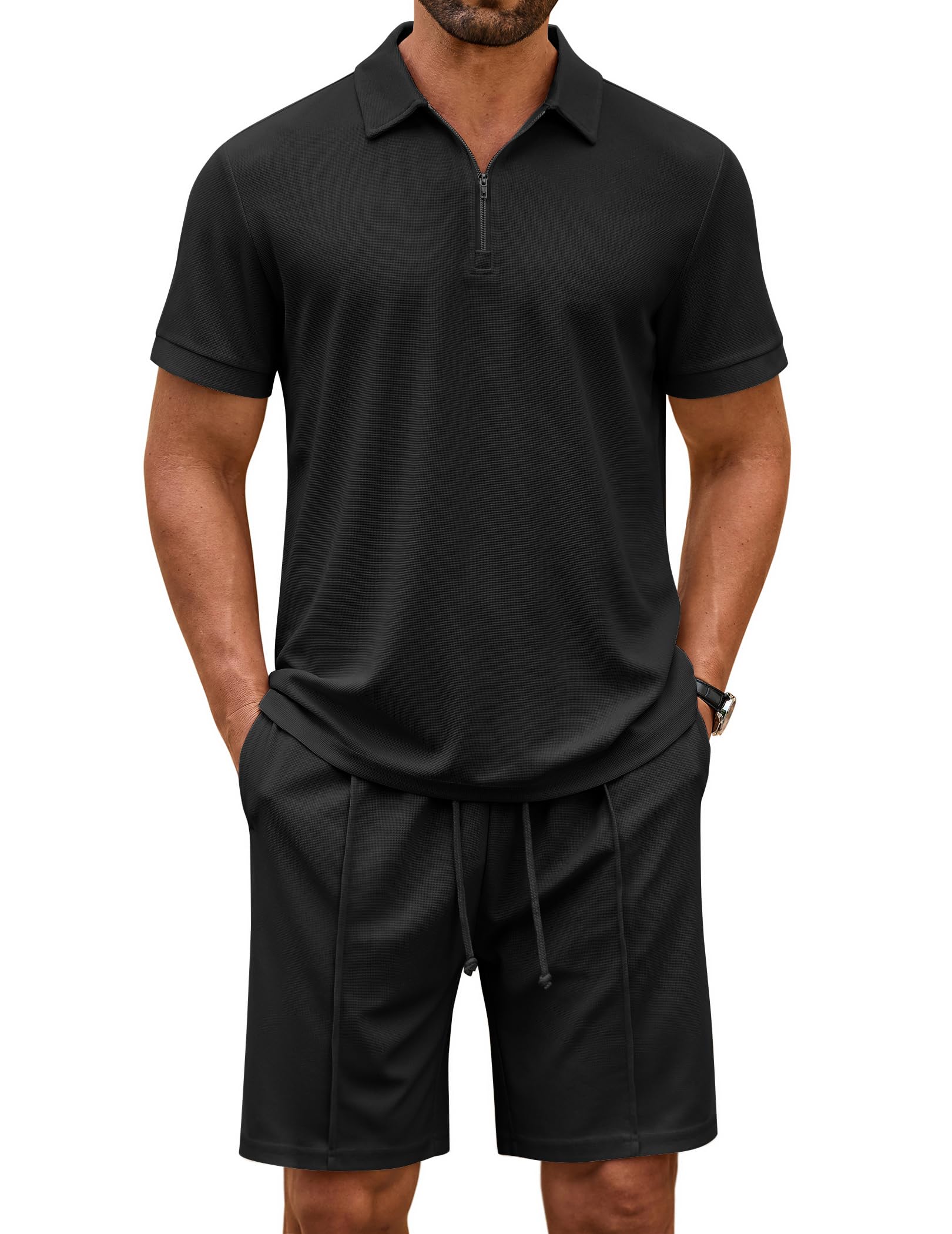 Photo 1 of COOFANDY Sweatsuits for Men 2 Piece Quarter Zip Pullover Polo Set and Shorts outfits Summer Casual Athletic Set 2xl