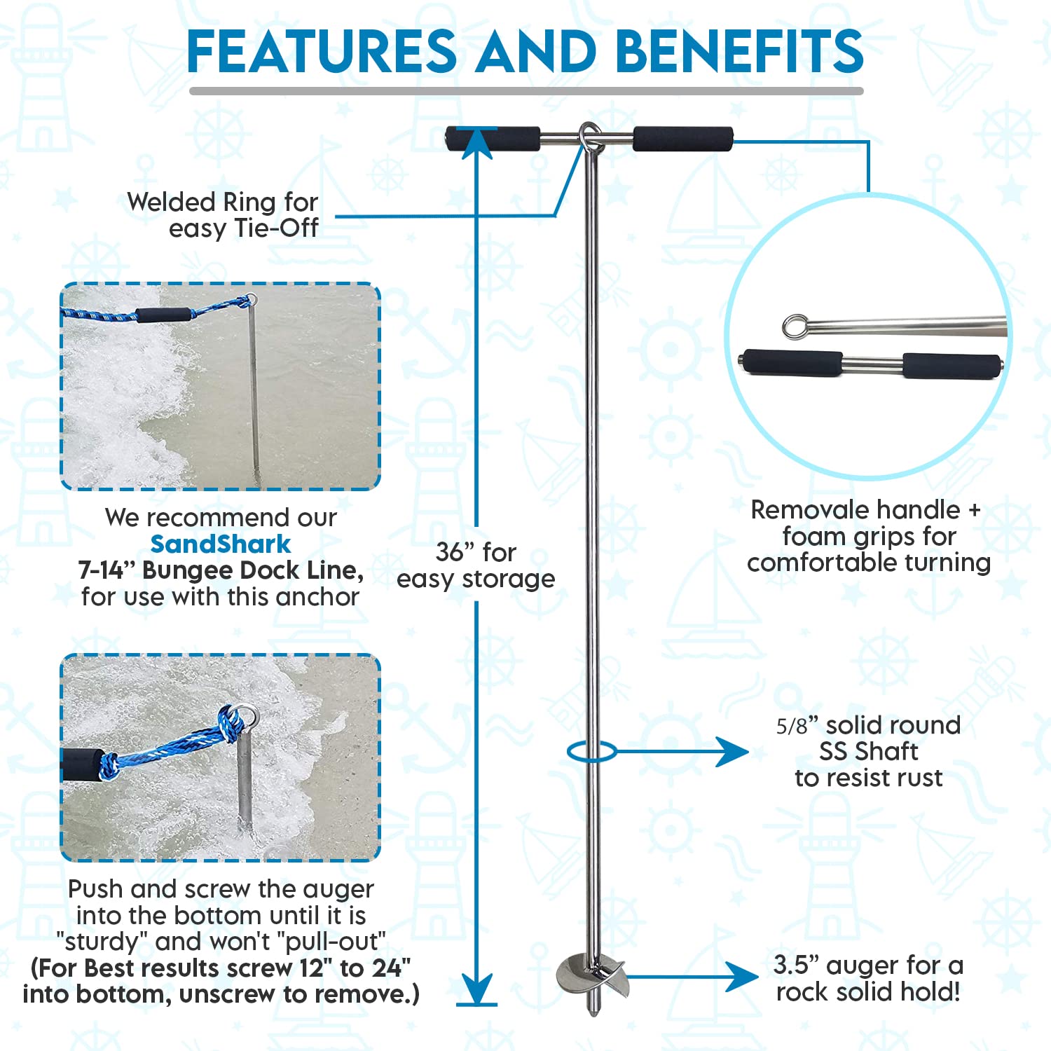 SandShark Lite 18" Stainless Steel Shallow Water Anchor - For Jet Skis, Kayaks & Small Boats