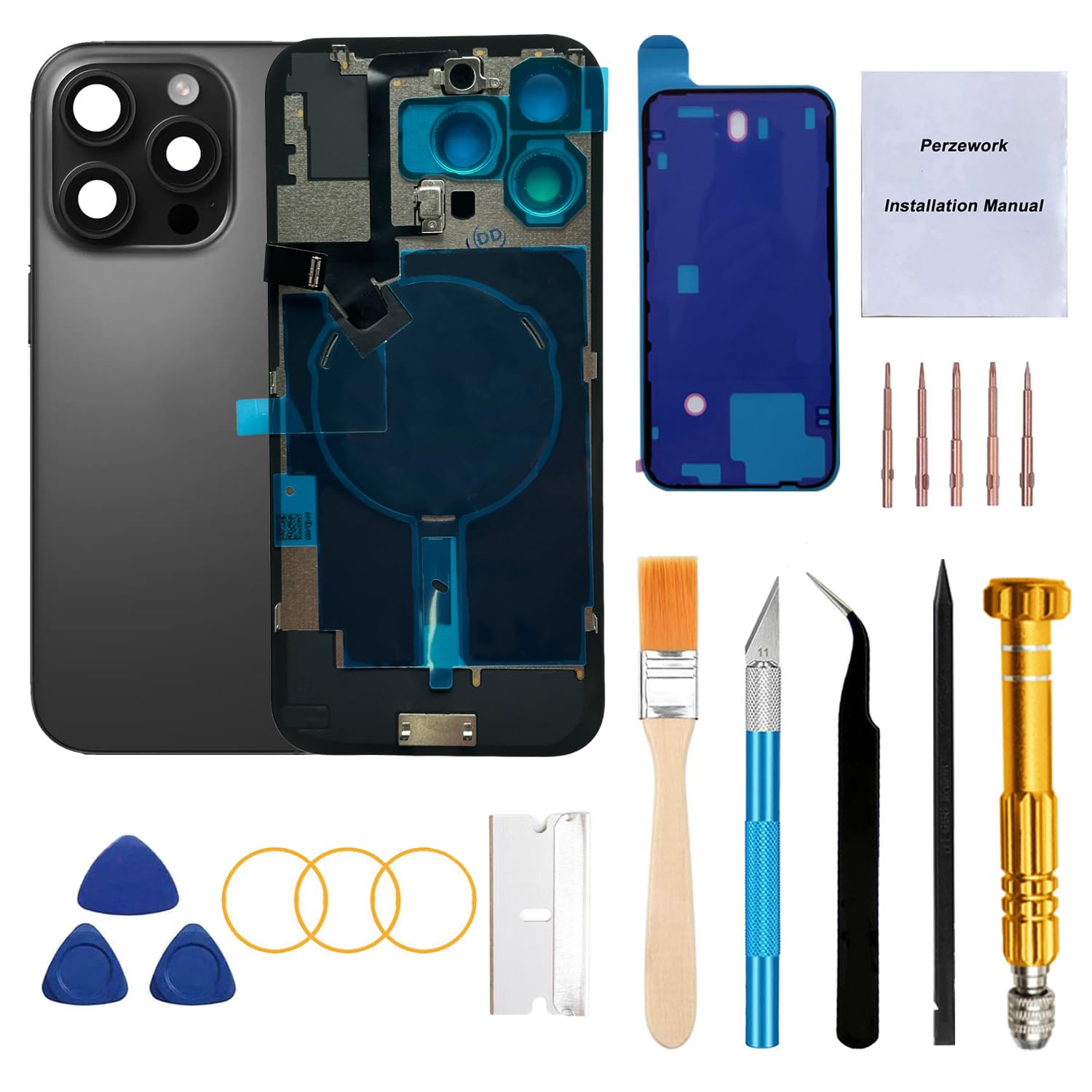 Photo 1 of Perzework Rear Back Glass Replacement for iPhone 16 Pro Max 6.9-inches with Reparing Tool Kit and All Necessary Parts (Black Titanium)
