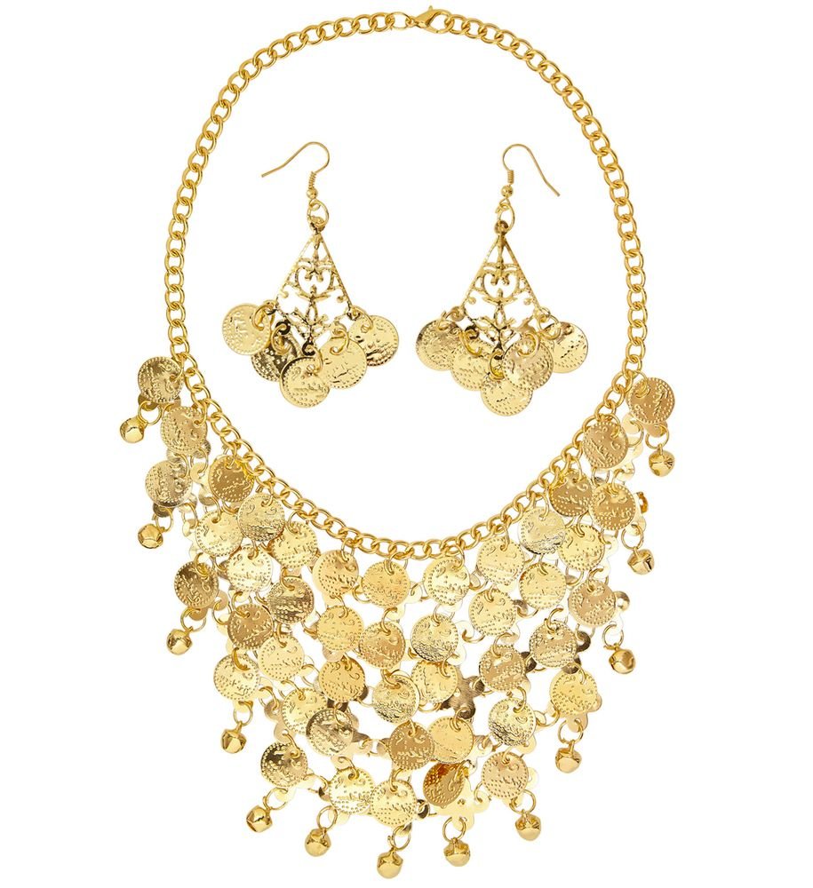 shoperama Jewellery Set Earrings Necklace Gold Coins Goddess Harem Lady Fortune teller Gypsy Roman Orient 1001 Night Belly Dance Belly Dance Bollywood
