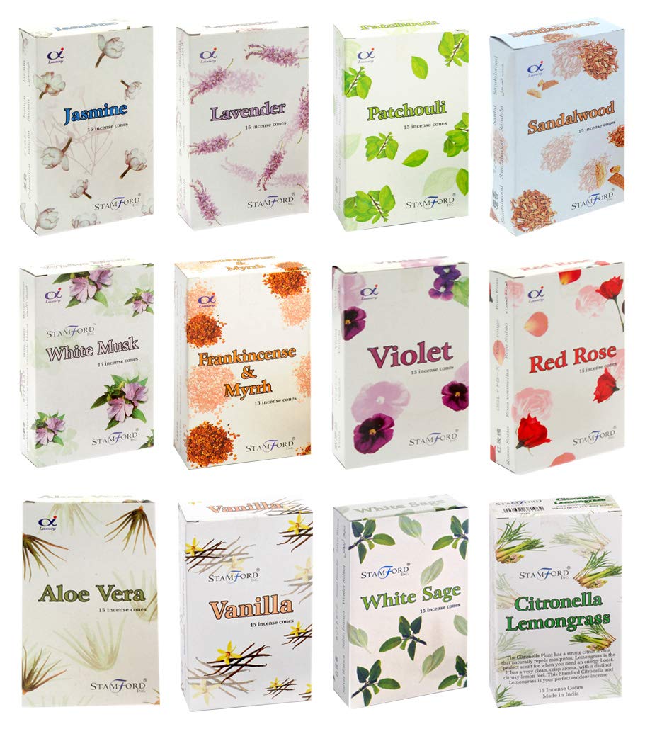 Stamford London 37367 Floral Variety Set Incense Cones - 12 Packs x 15 Cones, Black
