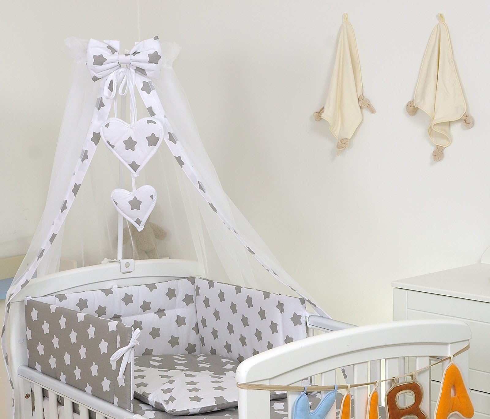 10 Pcs Pro Cosmo Baby Bedding Set Duvet Bumper Canopy Holder to fit cot Size 120 x 60cm, 19 Grey White Big Stars