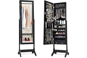 Giantex Lockable Standing Jewelry Armoire with Full Length Mirror, Large Storage Capacity Jewelry Cabinet Organizer with 2 Dr