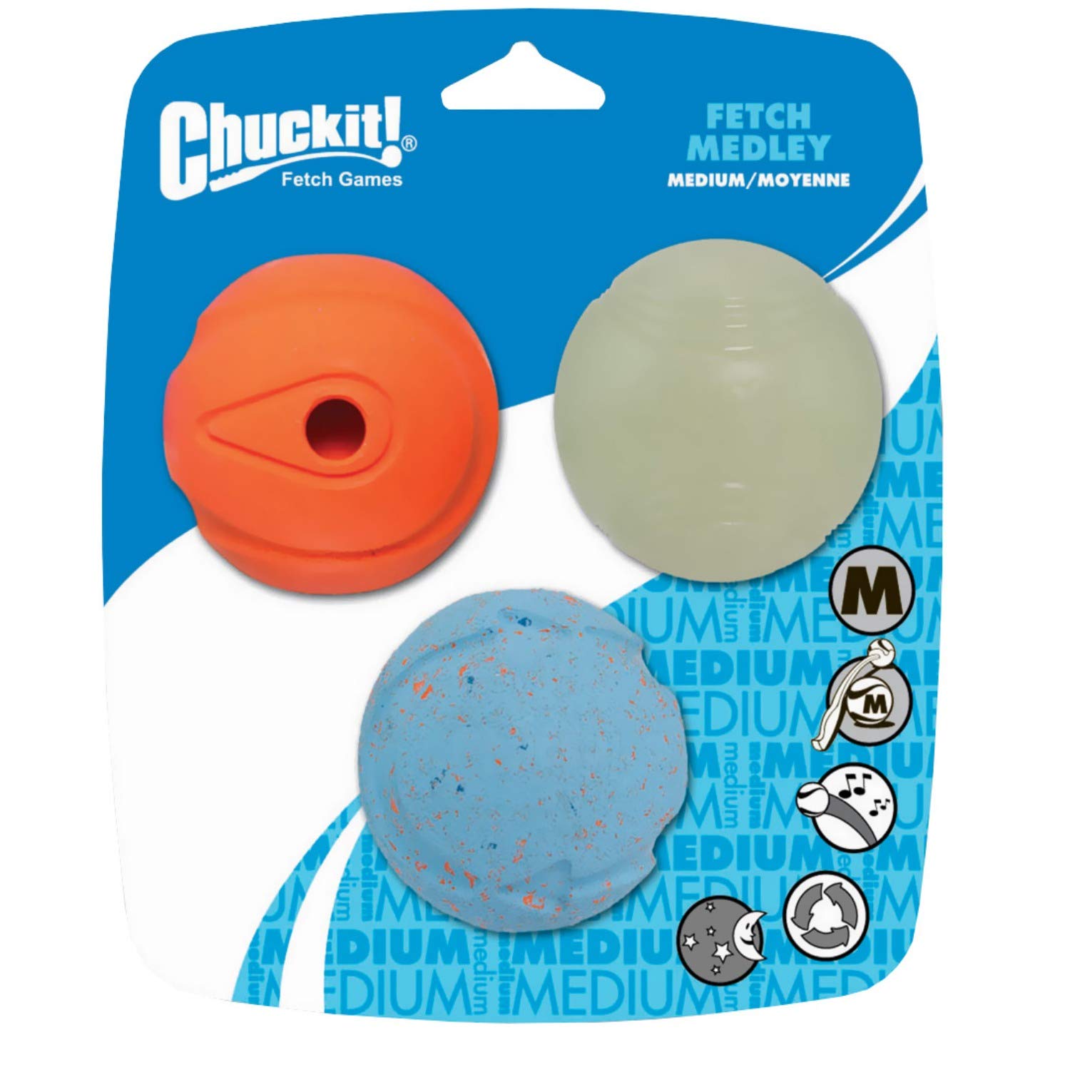 Chuckit! Fetch Medley Balls Medium Whistler, Max Glow, Rebounce -Pack of 3 Units