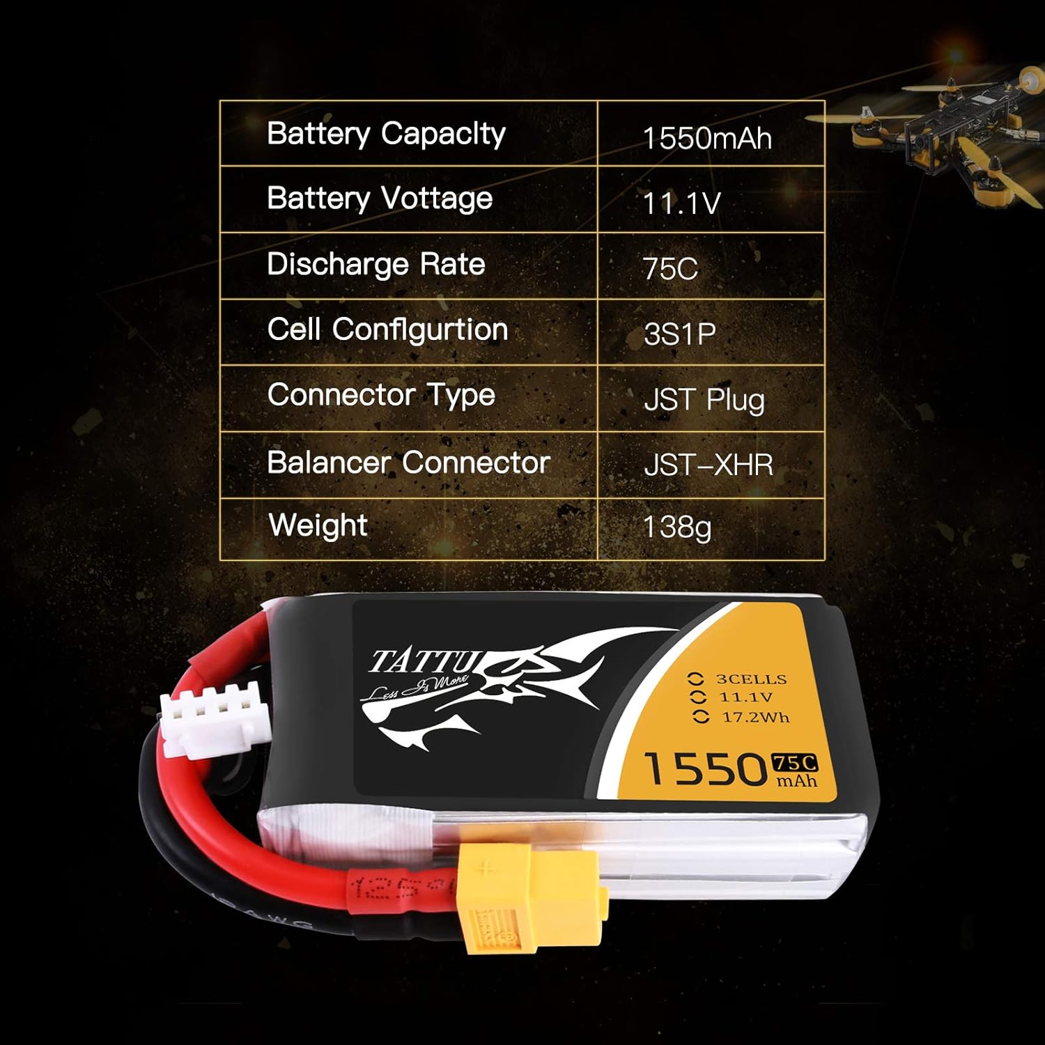 Tattu RC Battery 1550mAh 75C 3S 11.1V LiPo Battery Pack with XT60 Plug for FPV Racing Quadcopters UAV Drone RC Car RC Boat RC Heli Airplane - Image 3
