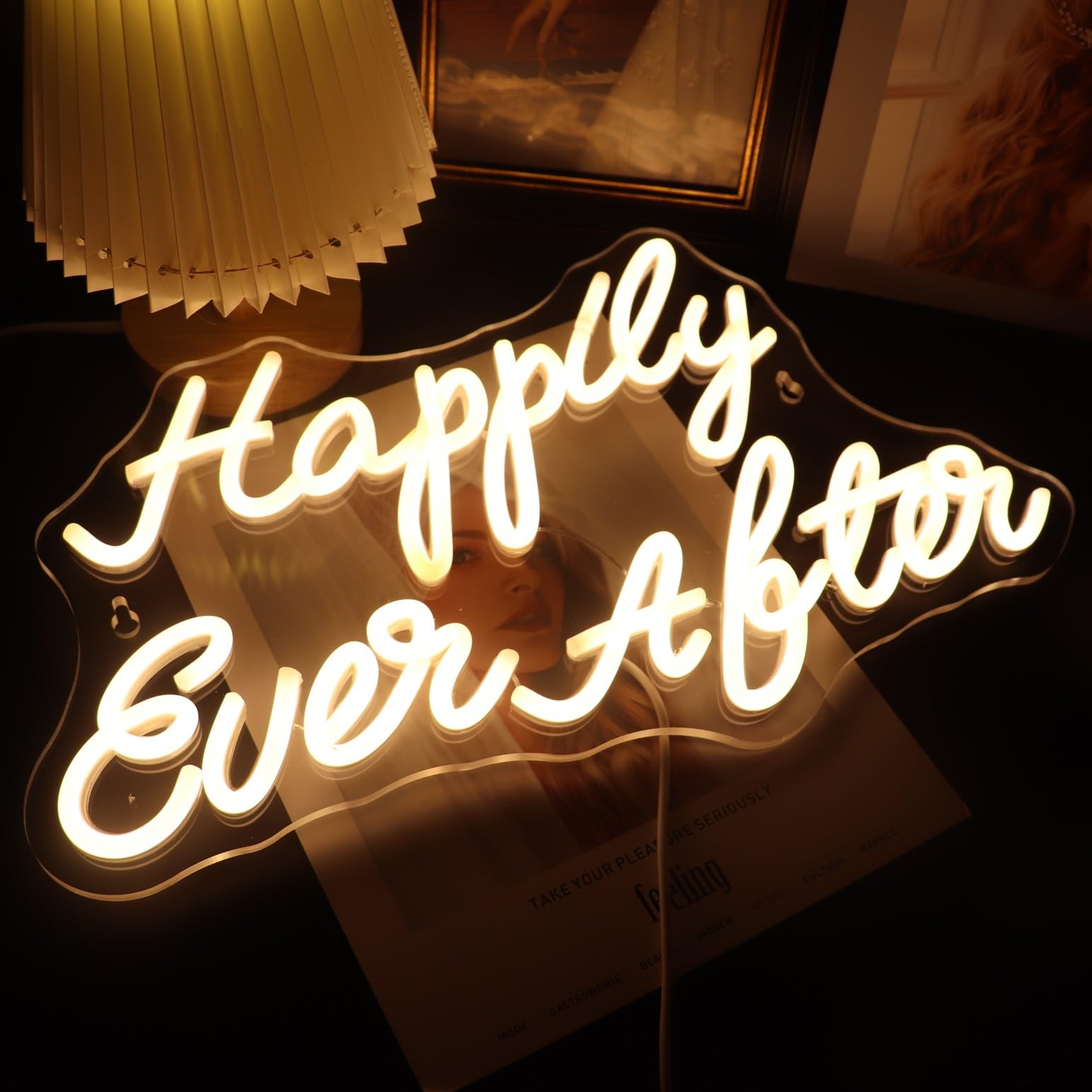 Led Happily Ever After Neon Sign USB Powered with Dimmer Switch Neon Lights for Home Bar Art Wall Decor Party Living Room Decor Wedding Engagement Wall Hanging Decoration (Warm white)