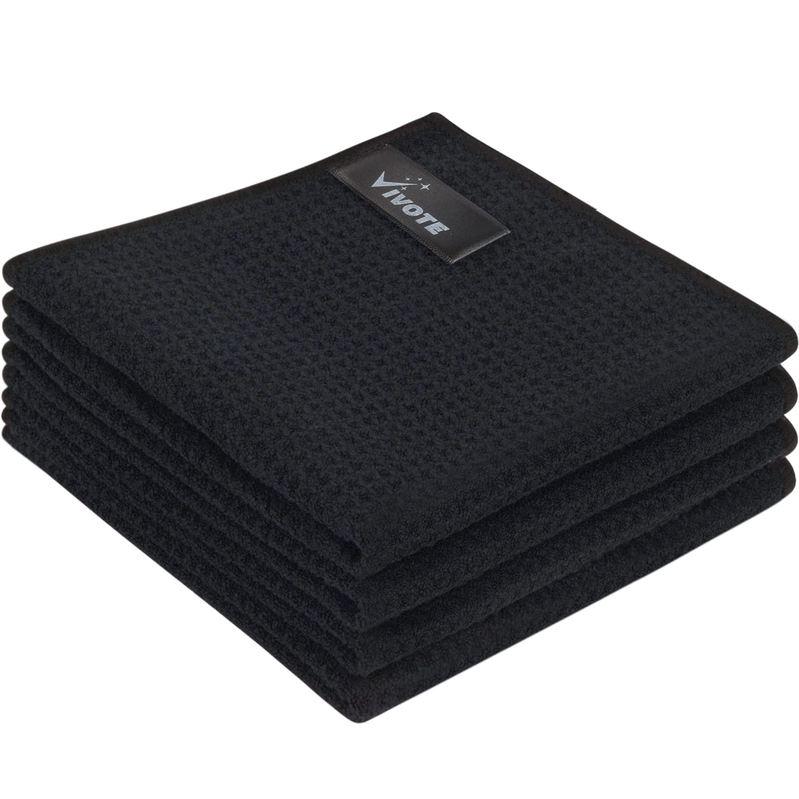 VIVOTE 4Packs Microfibre Cleaning Cloths, High Absorbent No Lint Quick Dry Dish Cloths, Machine Washable Waffle Cloth, Super Soft Barista Cloth Black 30x30cm 380gsm