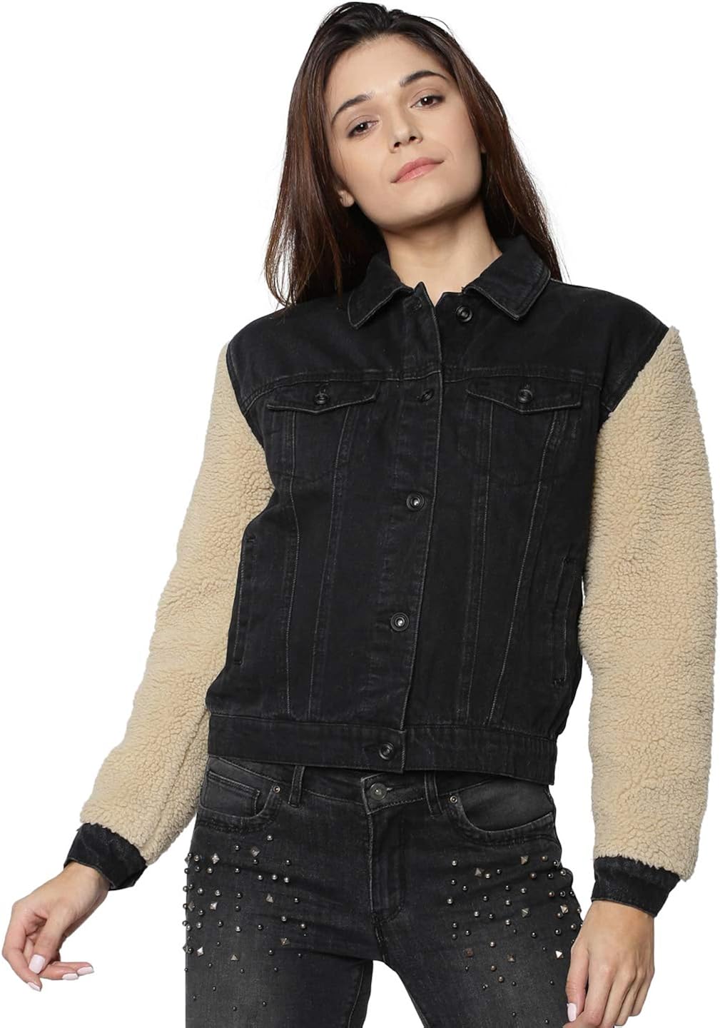 teddy sleeve denim jacket