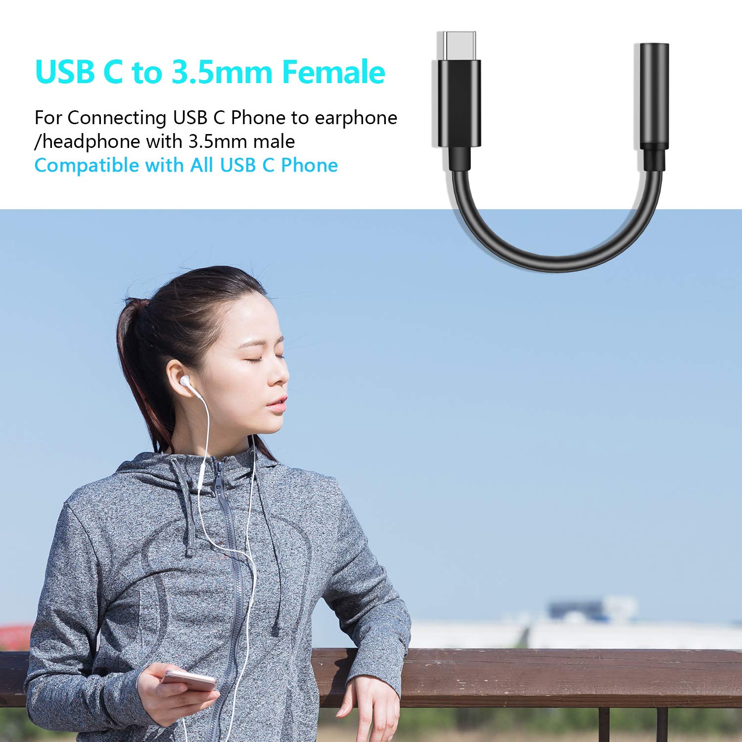 3-in-1 Type C to 3.5mm Audio Aux Jack Adapter, USB-C Male to 3.5mm Female Stereo Earphone Converter (Black)