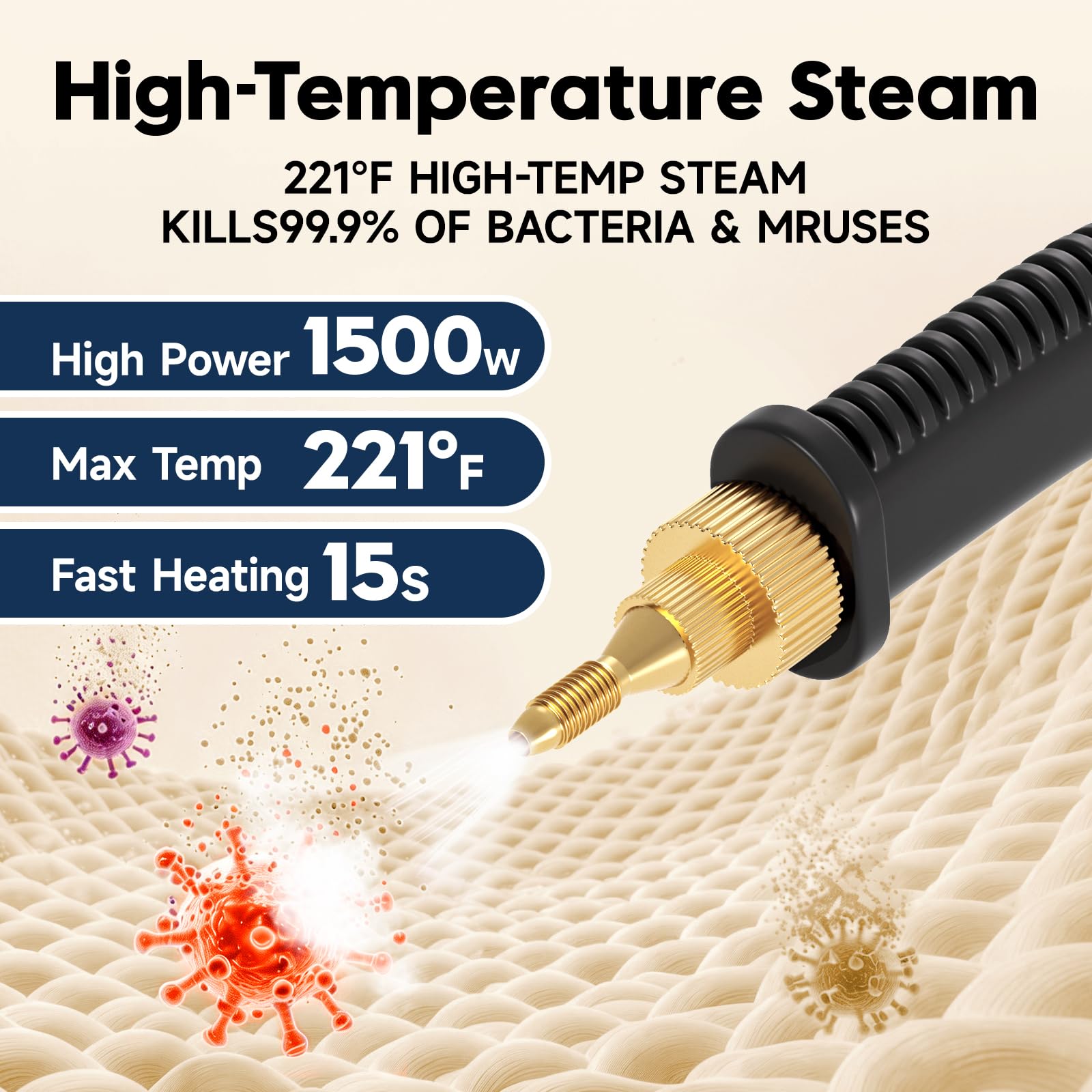 Condition photo showing As Is for keromee steam cleaner, 1500w high pressure steamer with 1.27qt tank, 15s fast heat, 6-level adjustab