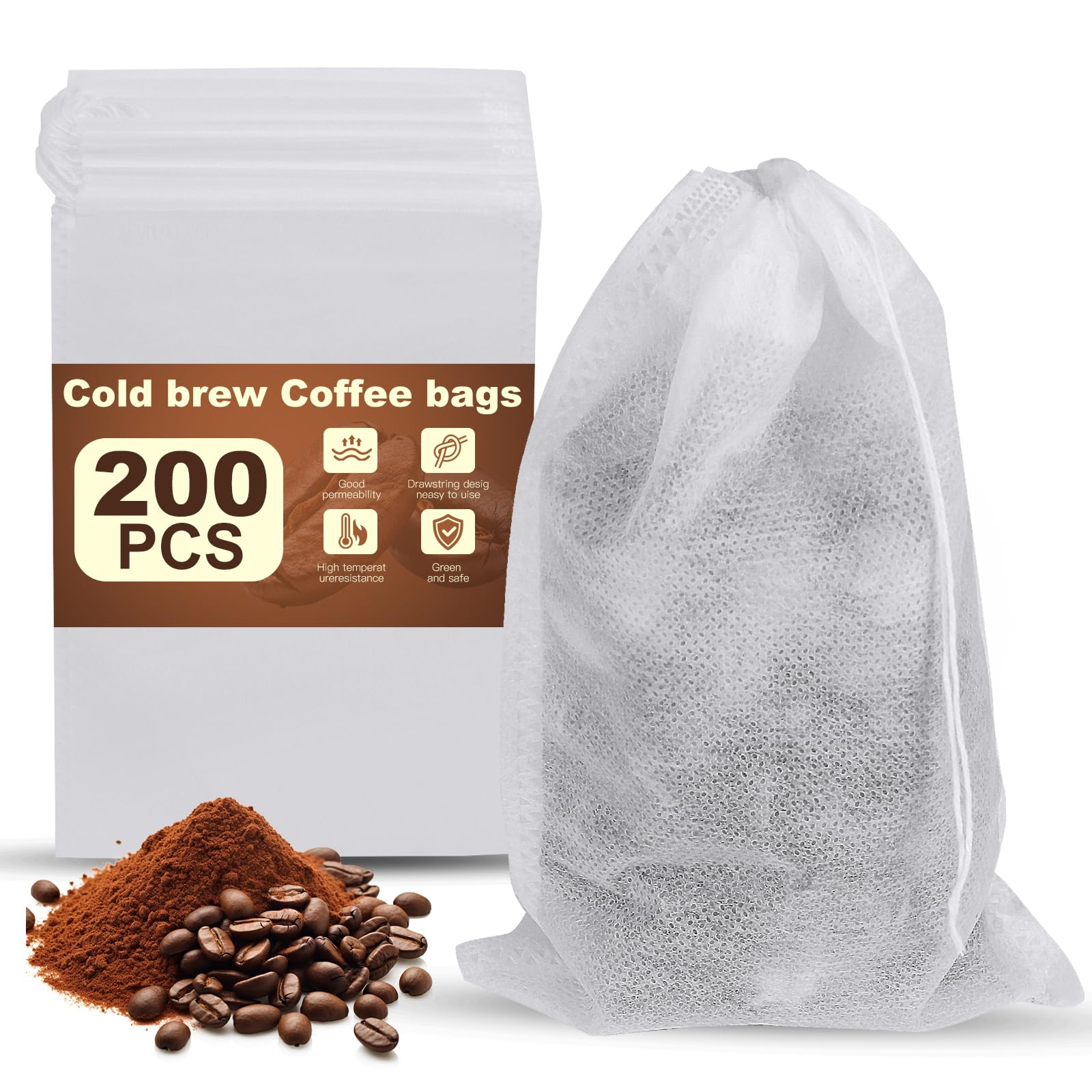 Photo 1 of 200 Pcs Cold Brew Bags 4x6 Inch, Cold Brew Coffee Filter Bags, No Mess Disposable Cold Brew Coffee Filter Pouches with Drawstring Large Empty Tea Bag for Loose Leaf Tea, Lced Coffee, Home Brewing