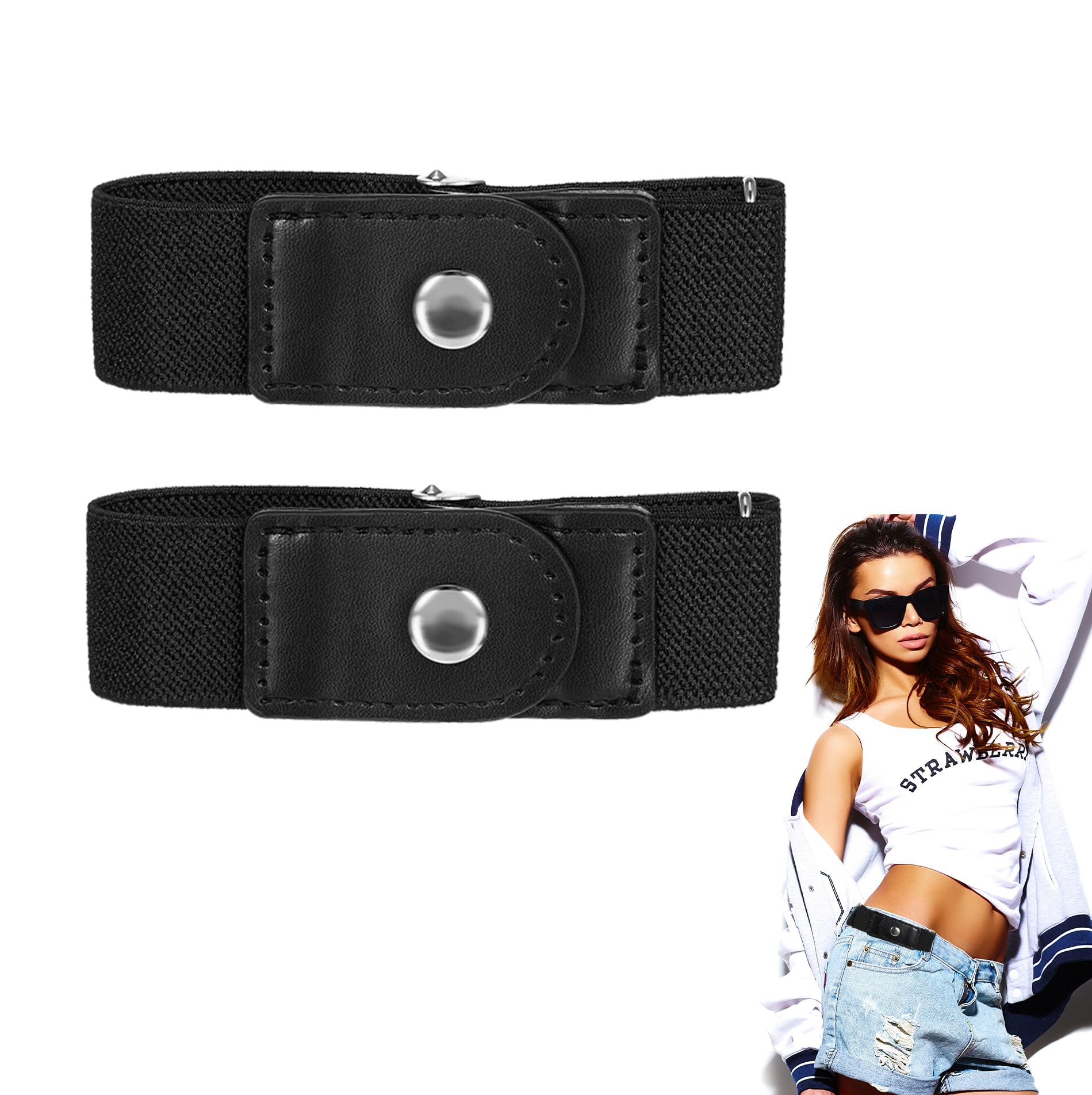 Photo 1 of 2 Pcs Side Belts for Men, Adjustable Comfortable Mens Women Side Stretch Belt with PU Material Solid Elastic No Buckle Belt Women for Most of Pants Jeans