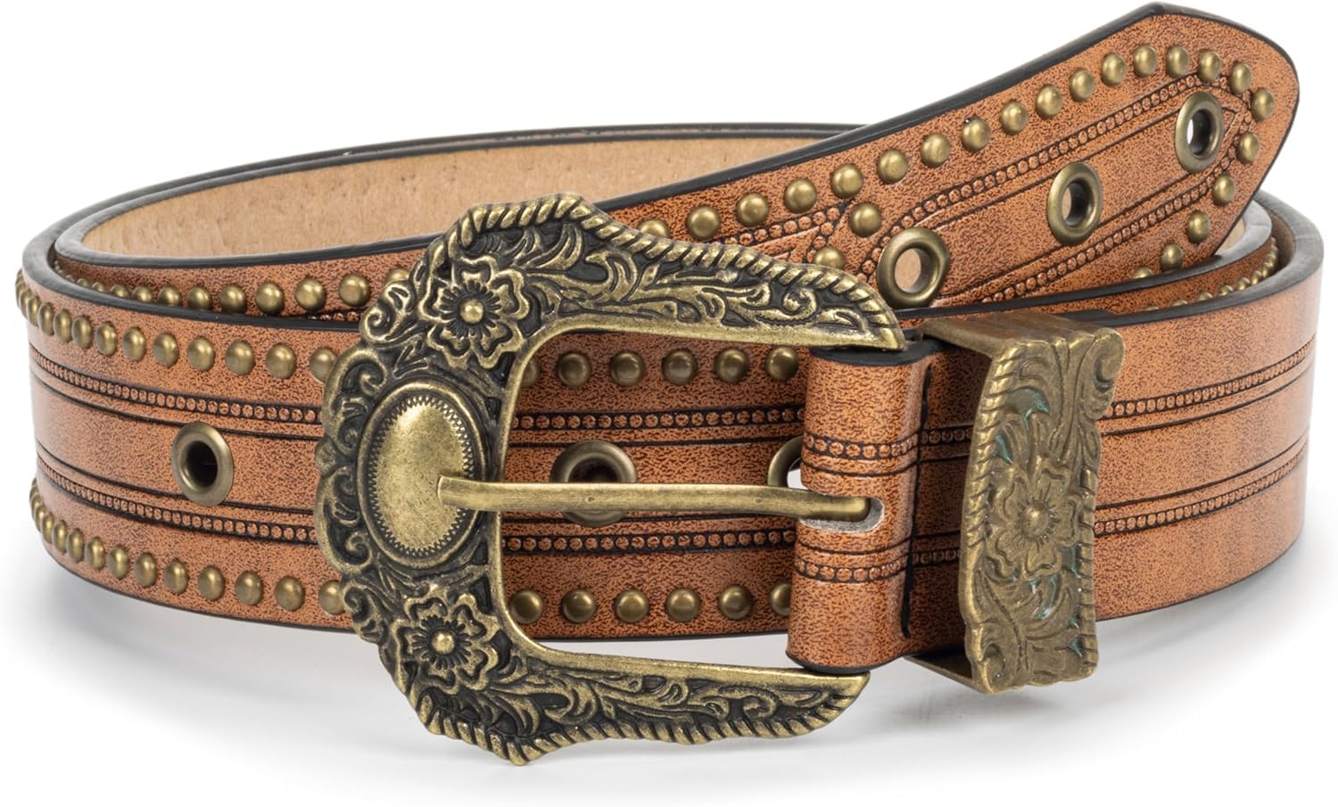 Photo 1 of  2 package OVOY Women Vintage Carved-Buckle Western-Leather-Belts - Cowboy Cowgirl Rivet-Belt for Jeans Pants Dresses