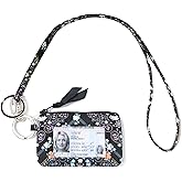 WONDERFUL FLOWER Lanyard Wallet for Women, ID Card Holder, Lanyards for ID Badges, Floral Zip ID Case Keychain Small Coin Purse for Cards, Cash, Work, Travel, Cruise, Teachers, Students, Kids, Black
