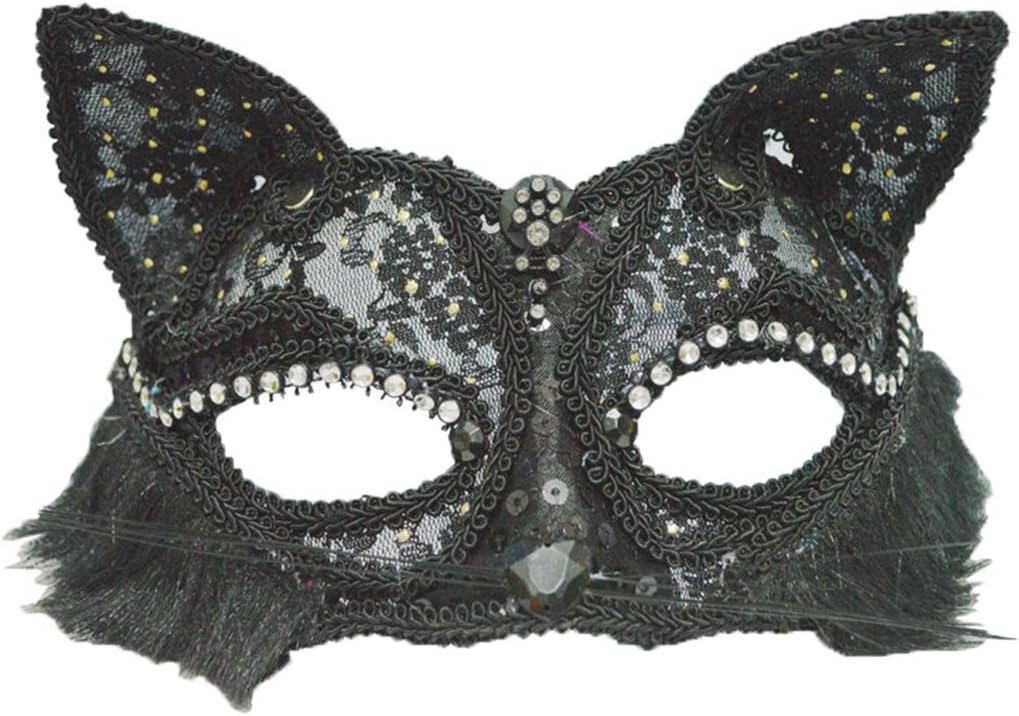 Himine 2 Pieces Masquerade Party Performances Lace Cat Girl Mask (Black)