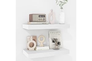 Fun Memories 16 Inch Floating Shelves - Deep Rustic White Wooden Wall Shelves - Extra Deeper & Thicker Wall Mounted Storage Shelf for Bedroom, Kitchen, Farmhouse - 2 Pack, Rustic White