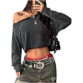 SweatyRocks Women's Off The Shoulder Long Sleeve Crop Tops Y2k Loose Fit Grunge T Shirts Streetwear
