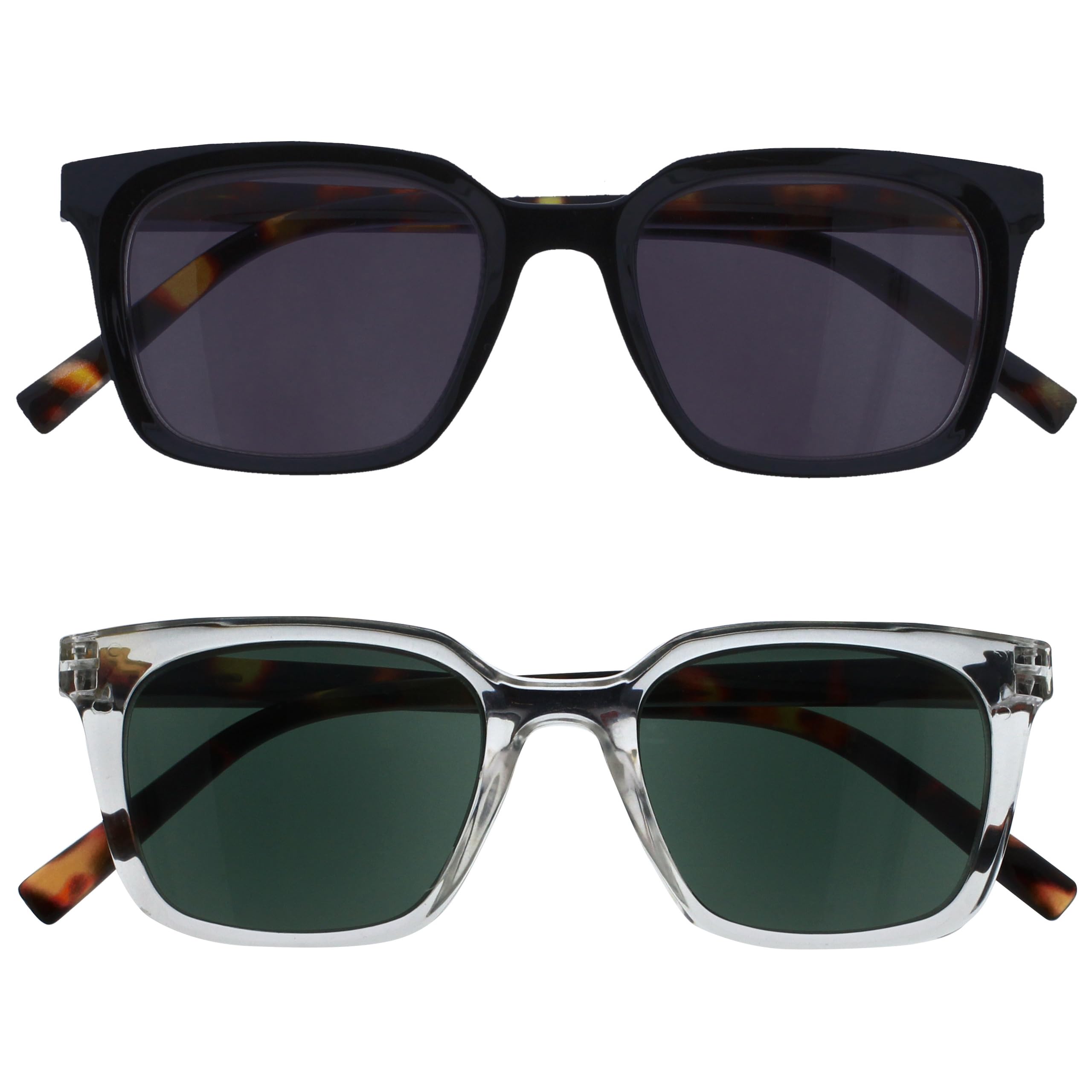 OPULIZE KOI Reading Sunglasses 2 Pack - Large Rectangular Frame - Tinted Lens UV400 - Black-Clear - Mens Womens - Spring Hinges - SS50-1C - +3.00