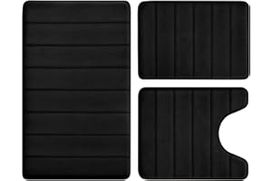 BYSURE Black Memory Foam Bathroom Rug Set 3 Piece, Non Slip Extra Soft Absorbent Washable & Dry Toilet Bath Mat Sets