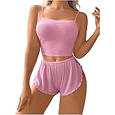 OYOANGLE Women's 2 Piece Pajama Sets Ribbed Knit Crop Cami Top and Frilly Split Shorts Cute Pjs Sleepwear