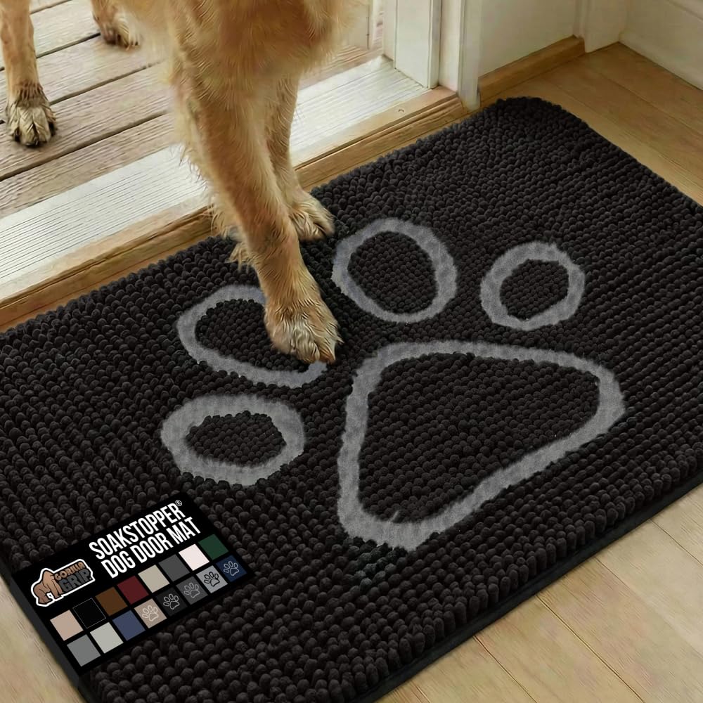 GORILLA GRIP SoakSTOPPER Dog Door Mat, 36x24 Machine Washable Rug Absorbent Doormat Captures Moisture Mud Dirt, Quick Dry Soft Chenille Entryway Rugs Indoor Entrance Mats for Dog Paws, Black White Image