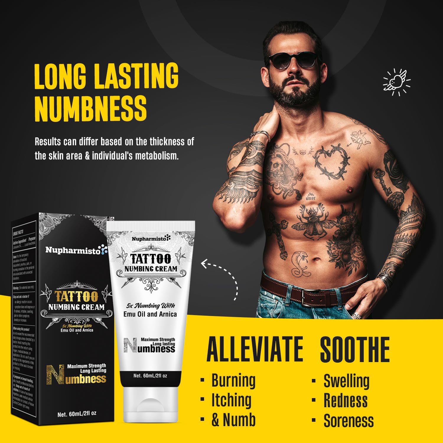 6 Hours Maximum Strength Numbing Cream Tattoo (2oz/ 60ml), Tattoo Numbing Cream for Tattoos Extra Strength with 5x Numbing, Emu Oil and Arnica. 2oz/ 60ml